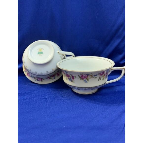 Pair of Gold Castle Teacups Rose and Blue Flower Pattern - Picture 2 of 10